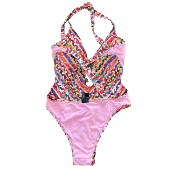 Sam Edelman Swim Medium One Piece Plunge Multicolored Raffia Print Bathing Suit - Picture 4 of 8